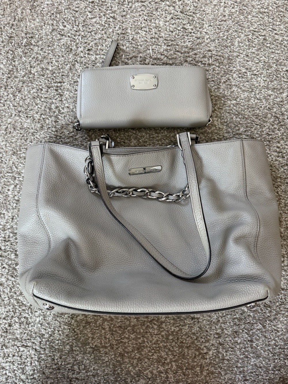 Michael Kors Pebbled Leather Tote with Matching Wristlet in Light Gray
